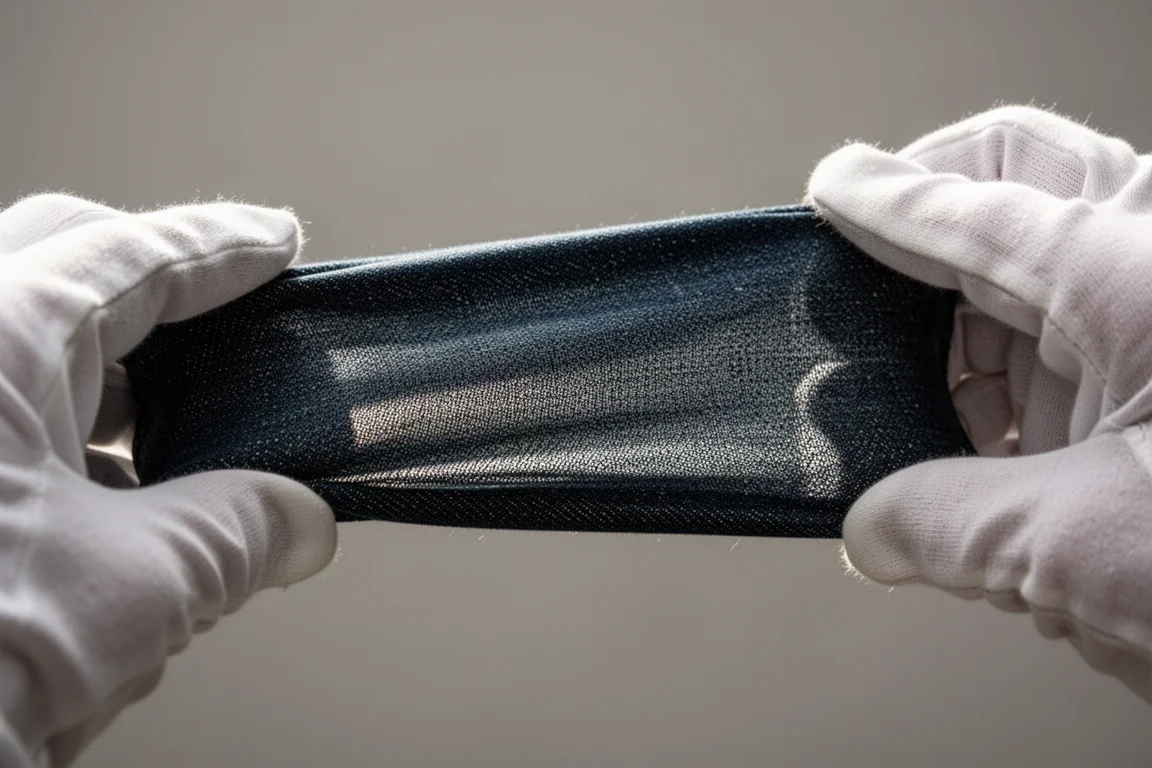Stretch denim fabric flexing between two hands in soft light