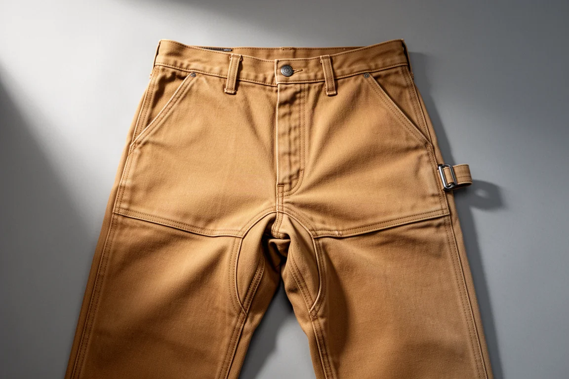Tan canvas work pants with gusseted crotch detail on a neutral backdrop