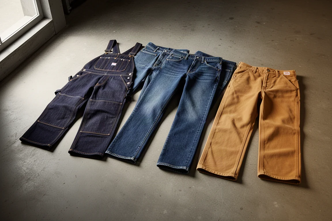 Row of denim and canvas work pants arranged on a concrete workshop floor