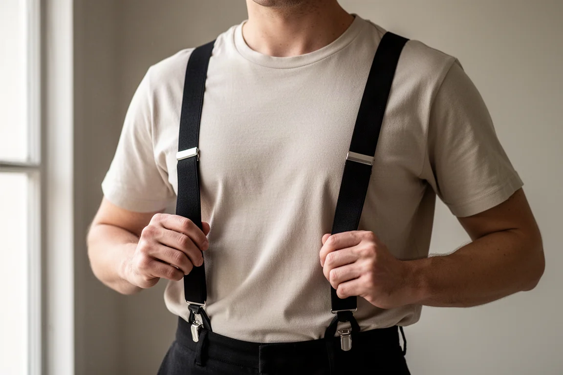 Person justiert schmale Unterhemd-Hosenträger über einem T-Shirt