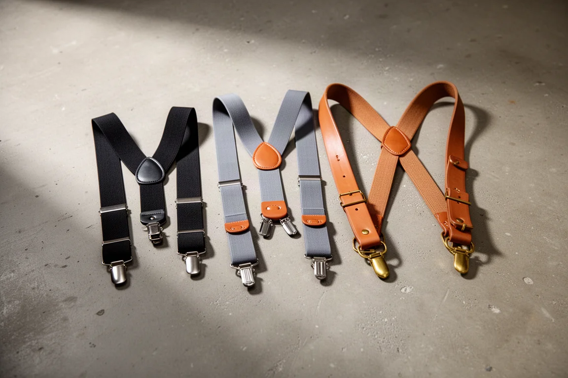 Five pairs of work suspenders arranged on a concrete workshop floor