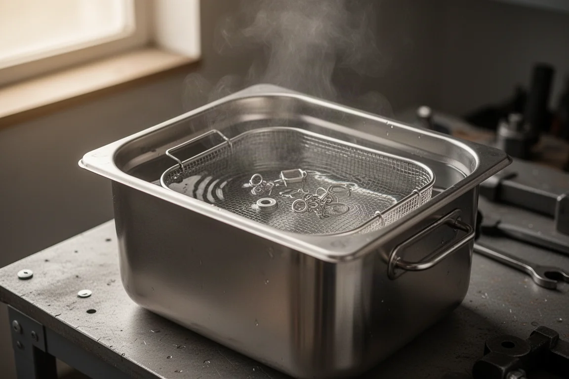 Ultraschallreiniger mit beheiztem Wasser und kleinen Metallteilen in einer Werkstatt