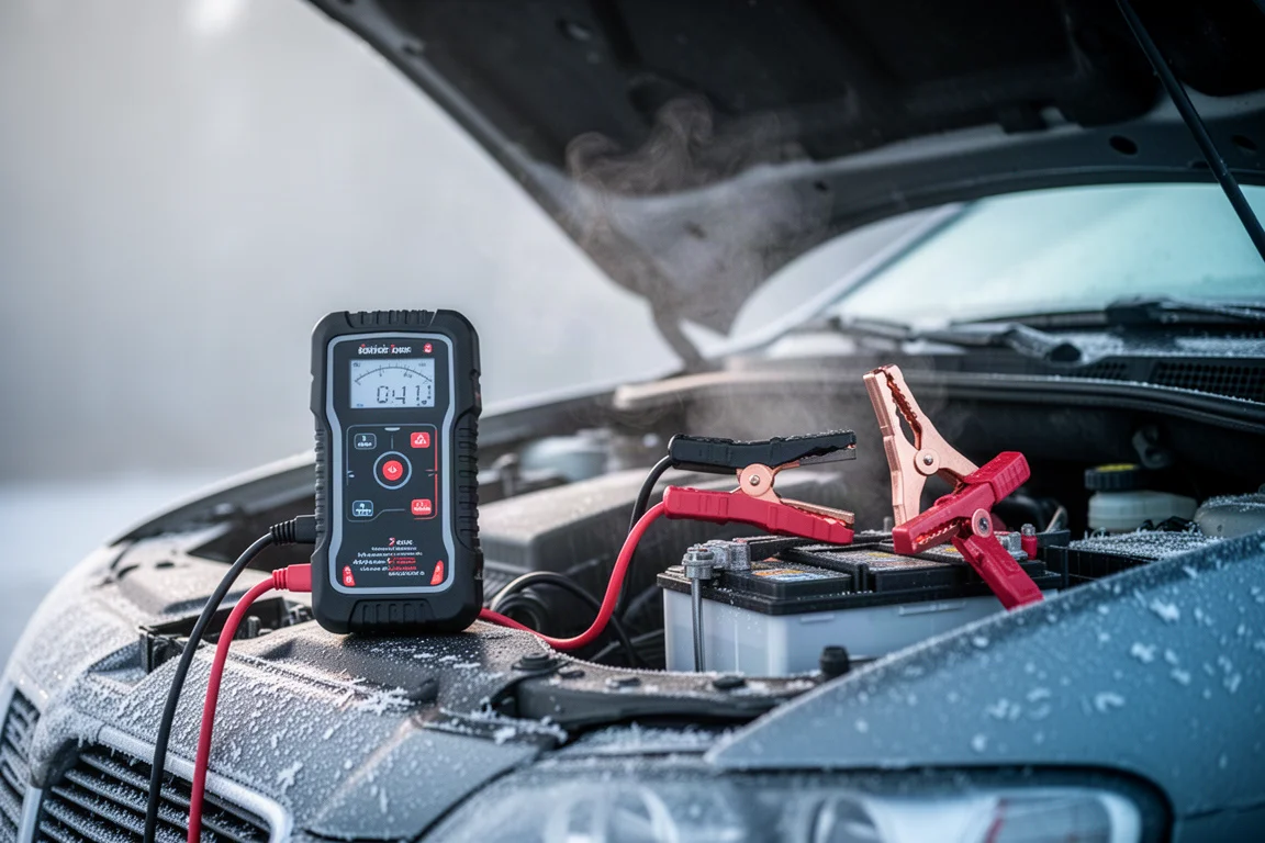 Starthilfegerät mit Kompressor, verbunden mit einer Autobatterie an einem kalten Morgen