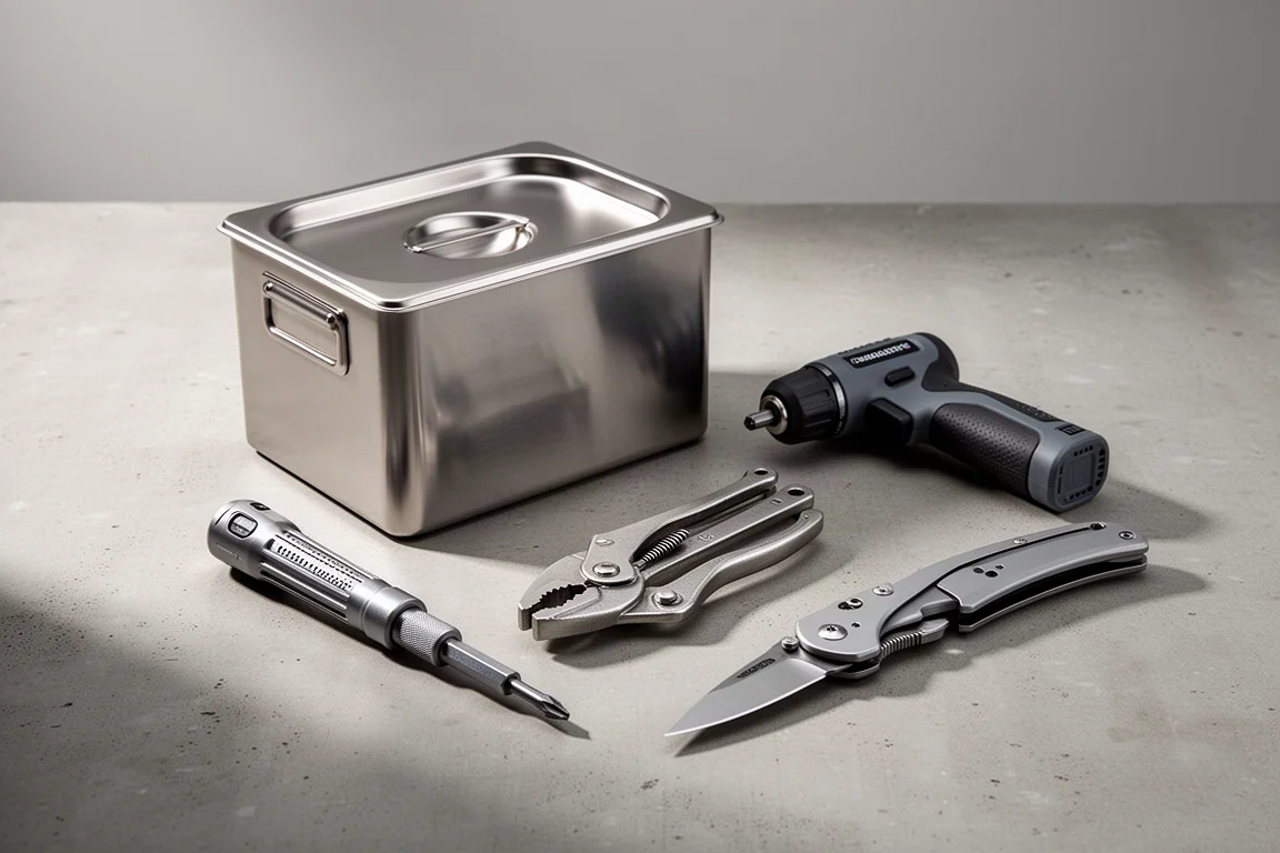 Workshop items including ultrasonic cleaner, screwdriver, pliers and pocket knife on concrete