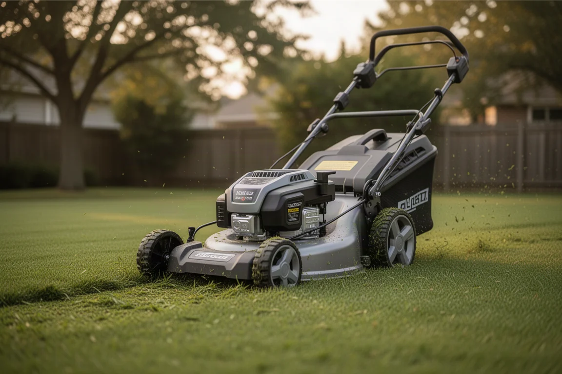 Batteridriven gräsklippare klipper en solbelyst villatomt på sen eftermiddag