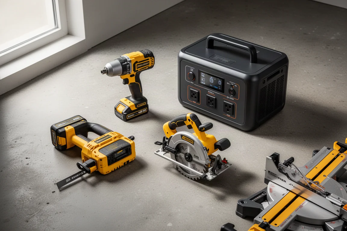 Impact driver, circular saw, power station, and miter saw arranged on a concrete workshop floor