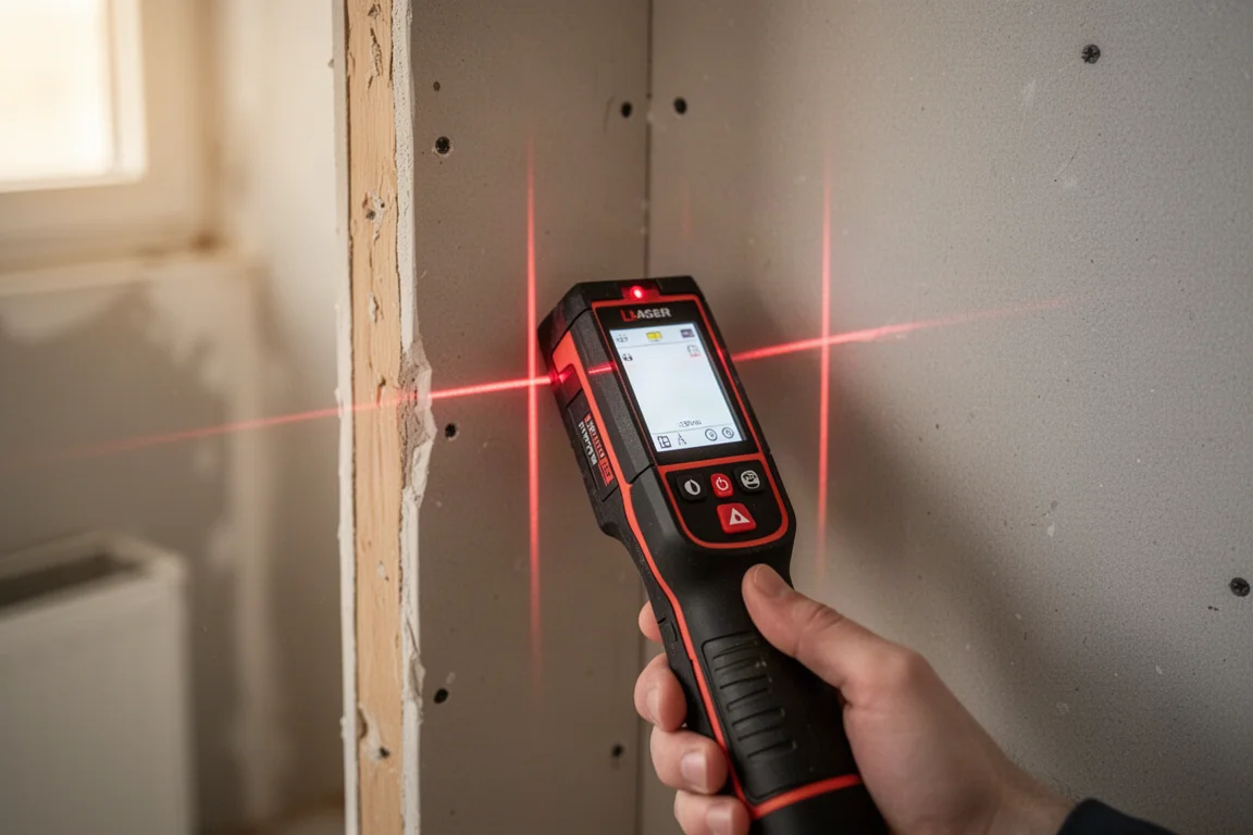 Handheld laser measuring device projecting cross lines on an interior wall