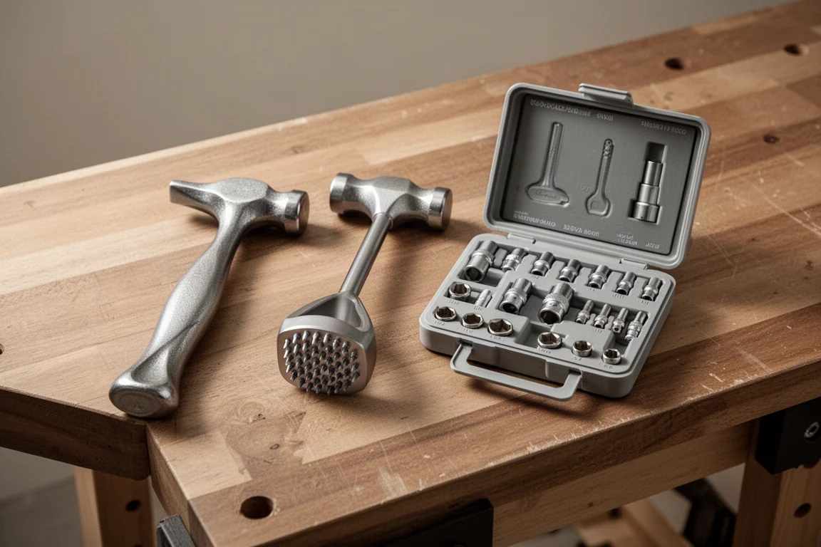 Compact tool kit with hammer-style accessories arranged on a wooden workbench