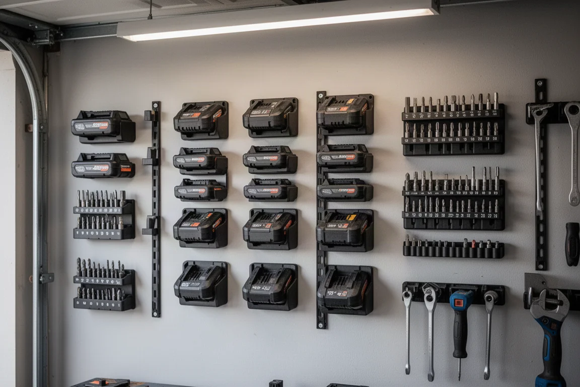 Wall of organized power tool batteries and accessories locked into plastic holders