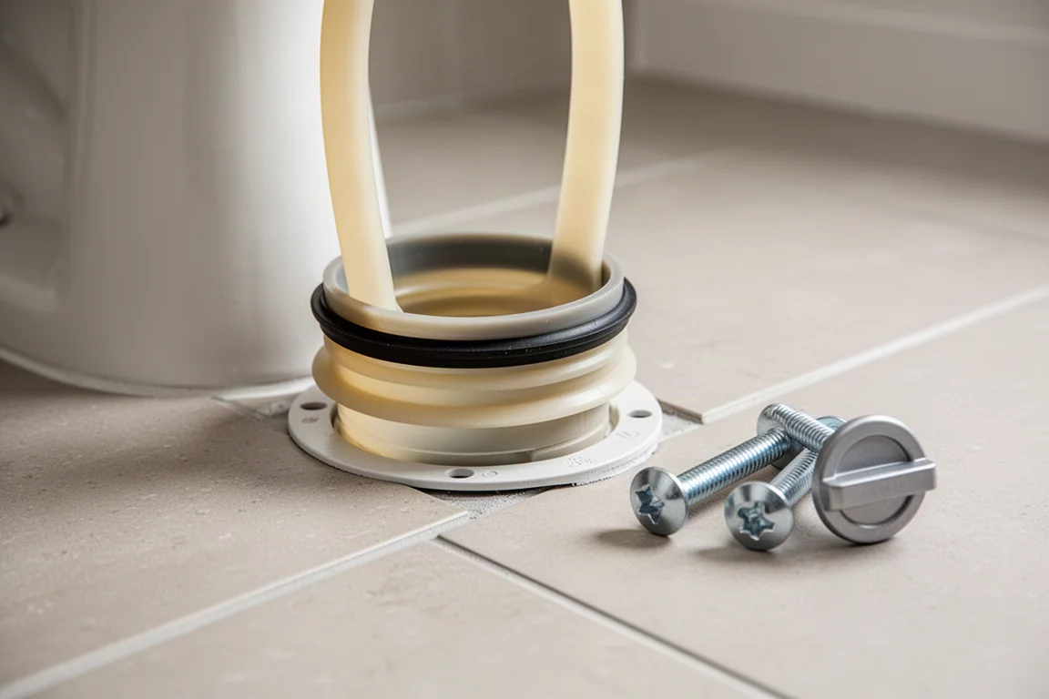 Close-up of a flexible toilet seal ring compressing onto a floor flange