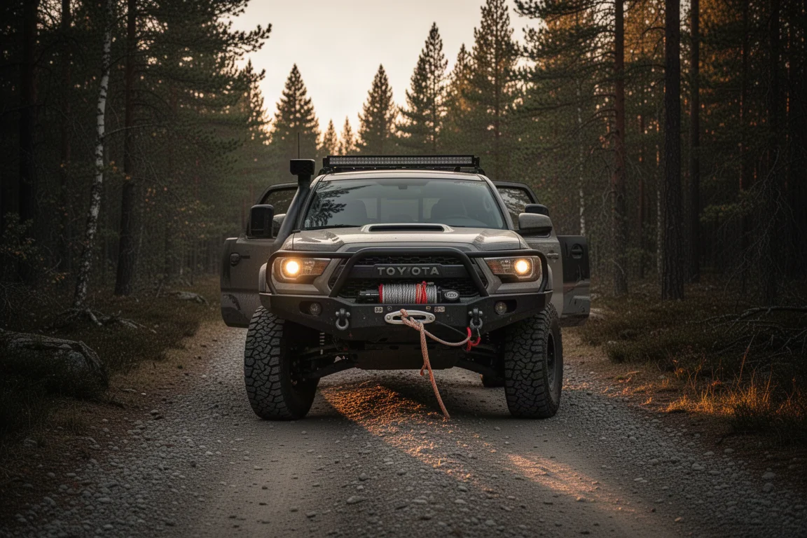 Offroad-Fahrzeug mit Seilwinde parkt in der Dämmerung auf einem Kiesweg