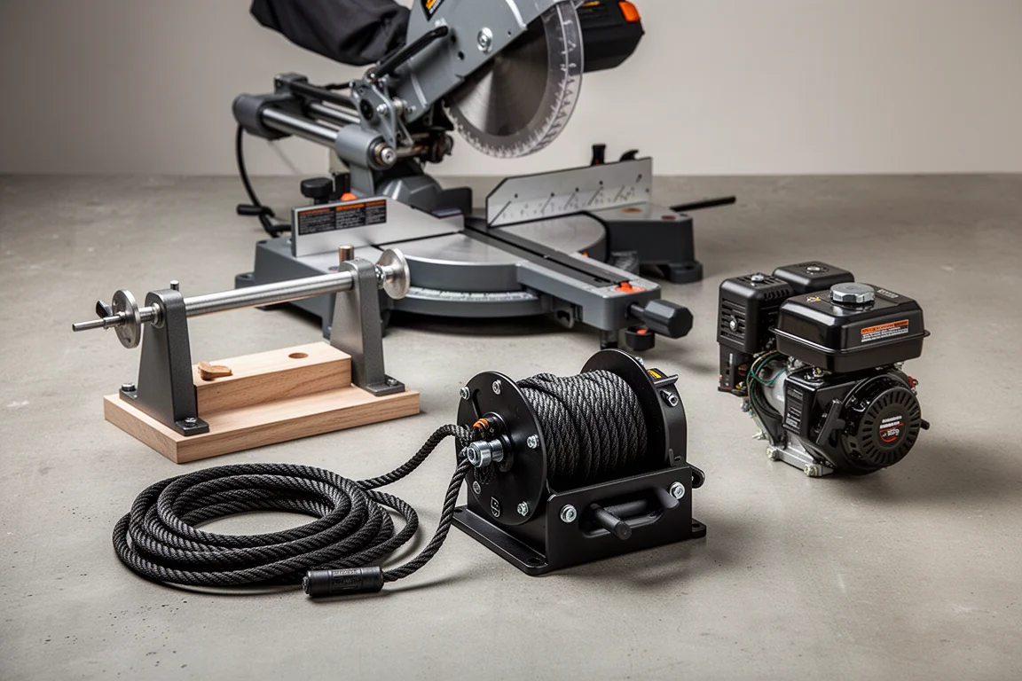 Workshop tools including a miter saw, lathe, winch and engine arranged on a concrete surface