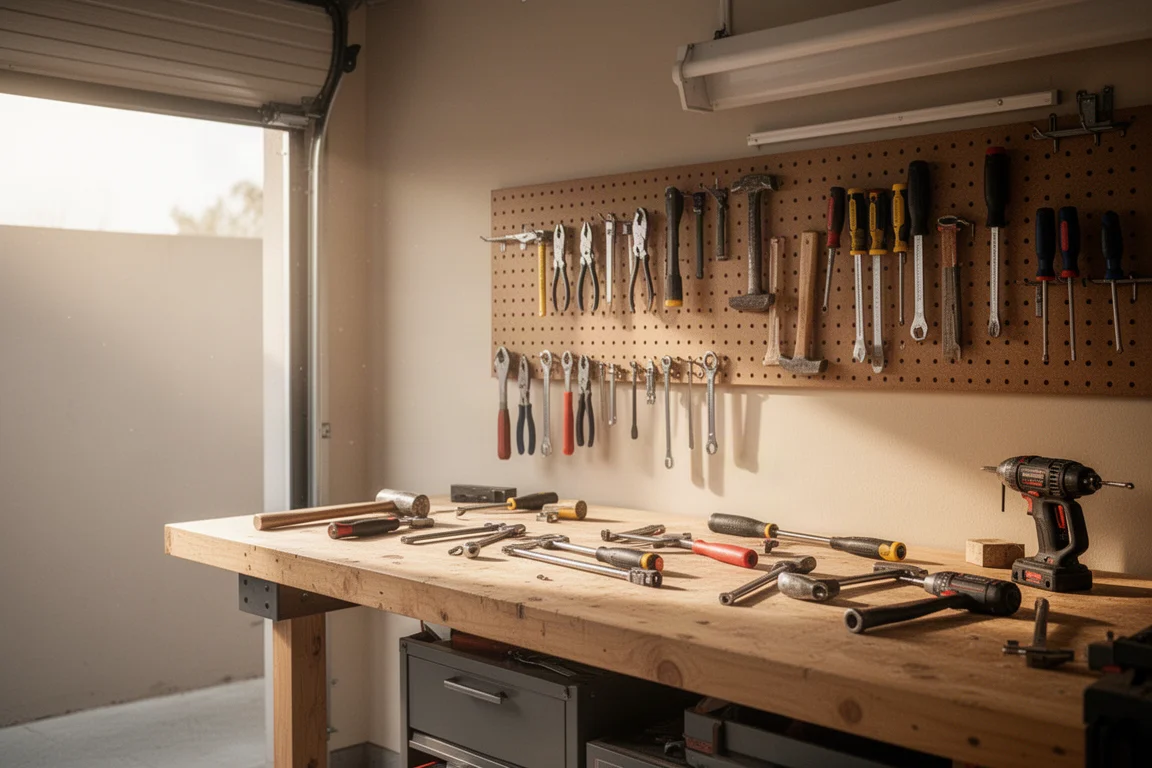 Établi d'atelier de garage domestique avec des outils à main soigneusement rangés sous la lumière du matin