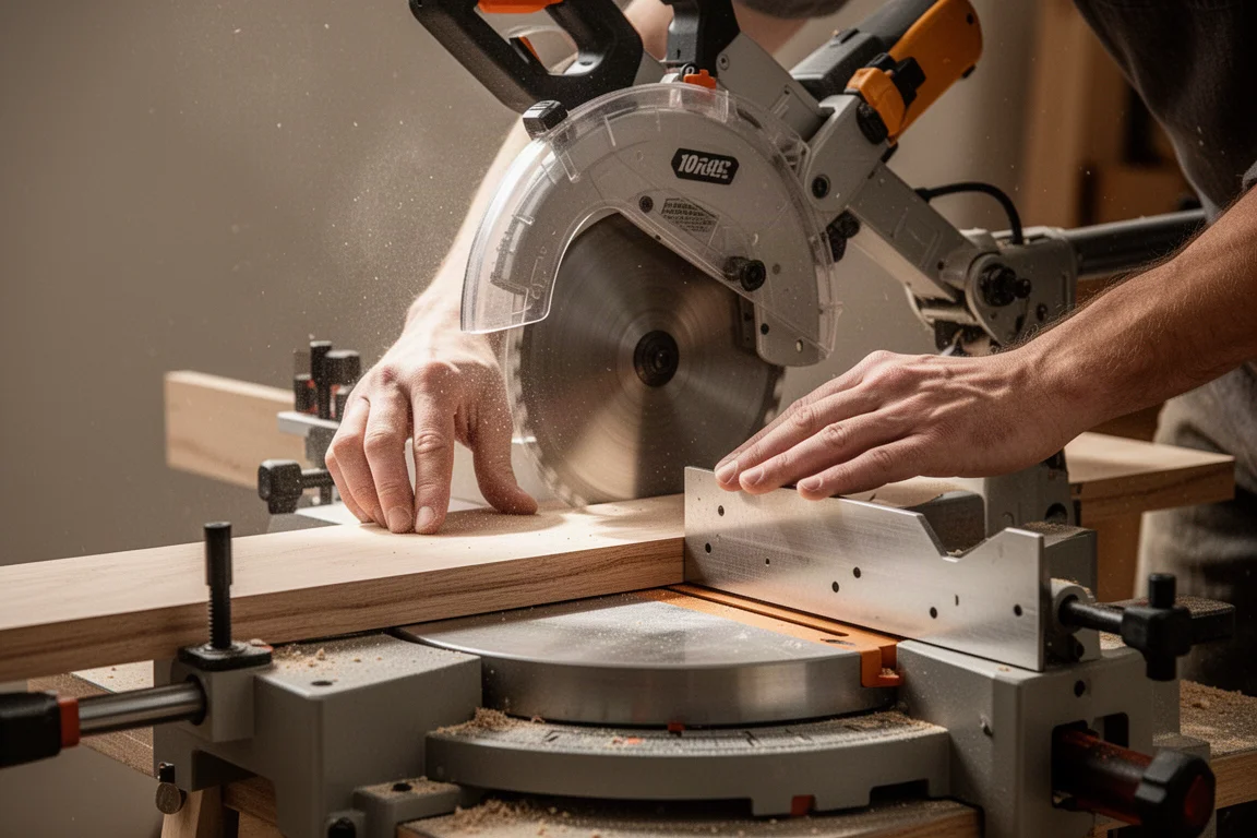 Menuisier coupant une planche sur une scie à onglet compound dans un atelier