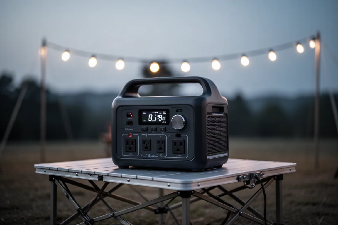 Station d'alimentation portable rechargeant des appareils sur une table de camping au crépuscule