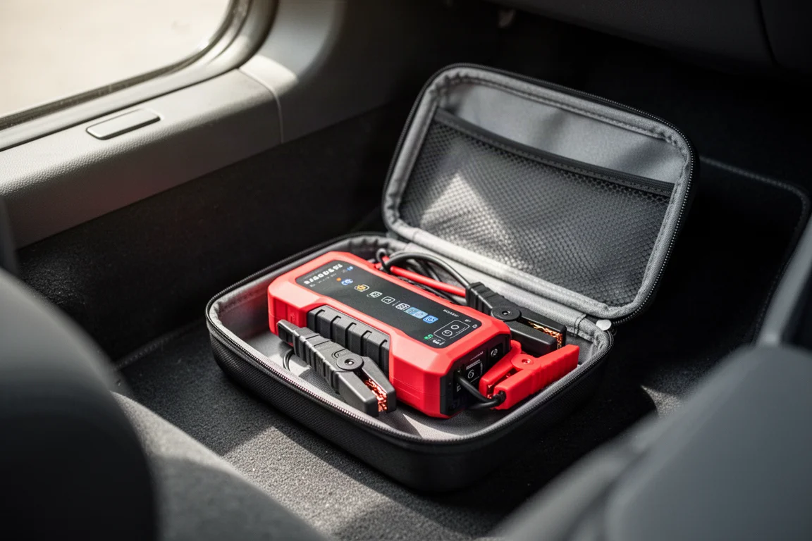 Jump starter compatto con morsetti appoggiati in una custodia semirigida all'interno di un'auto