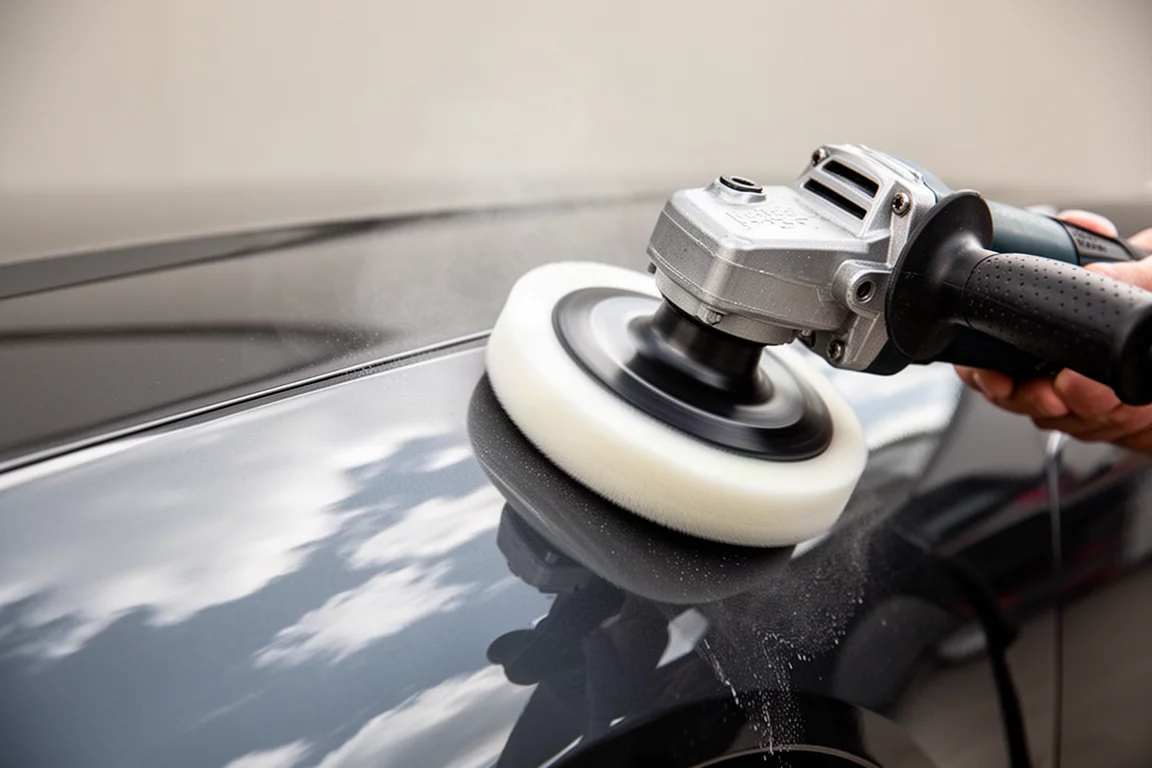 Disco di una lucidatrice per auto che lavora su un pannello scuro lucido con residui di polish