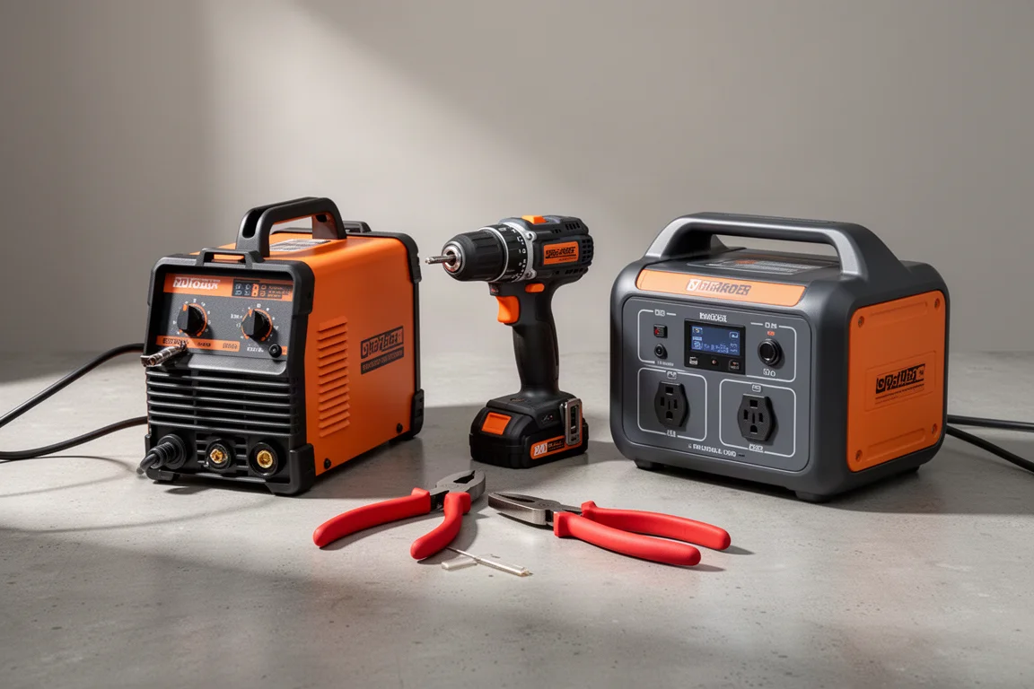 Workshop tools including a welder, drill, pliers, and power station on a concrete surface