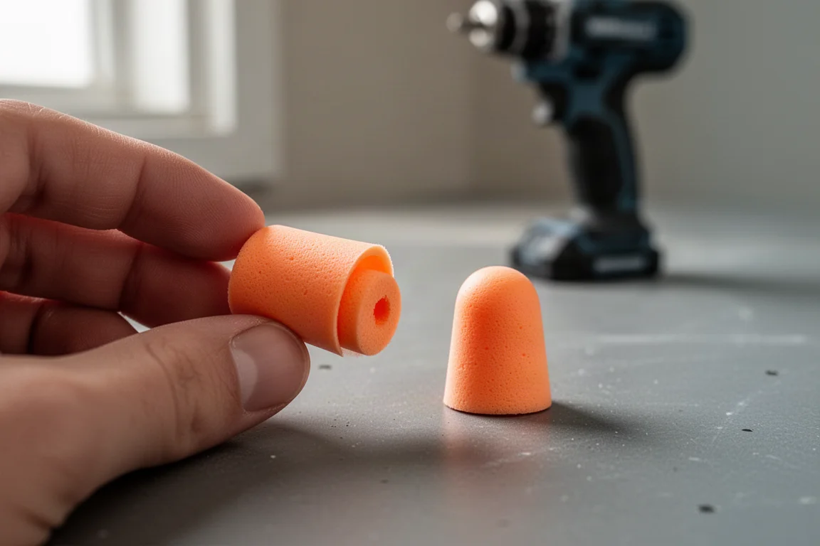Bouchons d'oreilles en mousse roulés sur un établi à côté d'outils électriques
