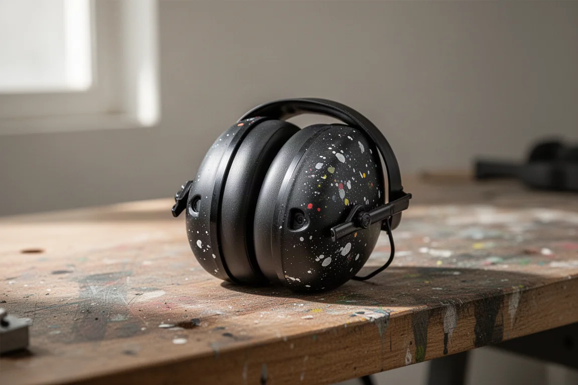 Casque anti-bruit pliable replié de petite taille sur un établi