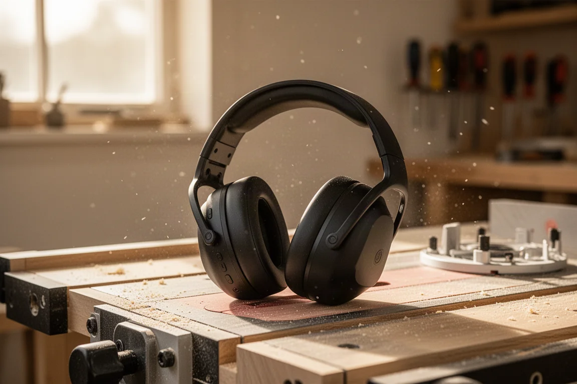 Casque anti-bruit Bluetooth posé sur une table de défonceuse dans un atelier