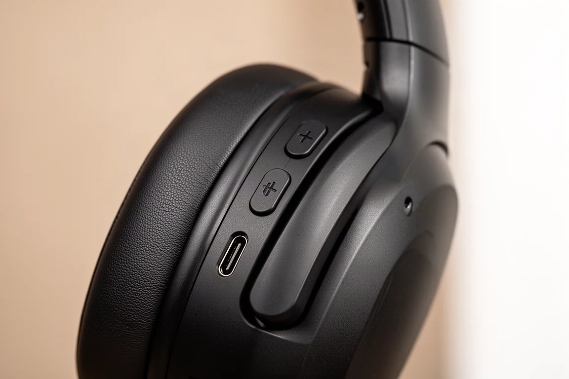 Gros plan sur les boutons de commande du casque et le port de charge USB-C
