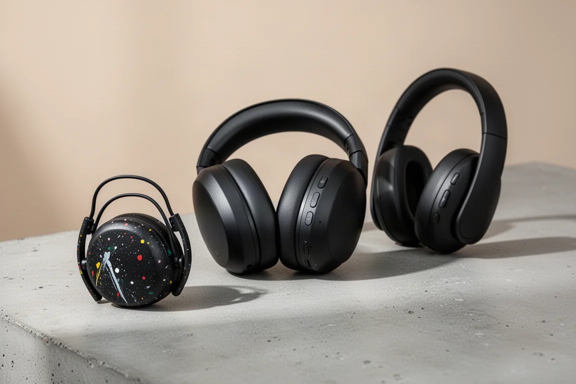 Three pairs of ear defenders arranged on a matte concrete surface
