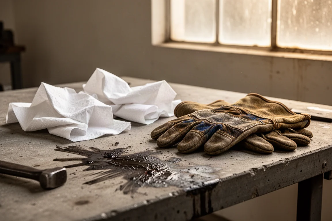 Greasy work gloves, shop towels, and hand cleaner on a workbench
