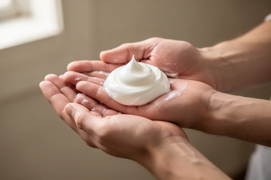 Hand rubbing creamy lanolin hand cleaner between palms
