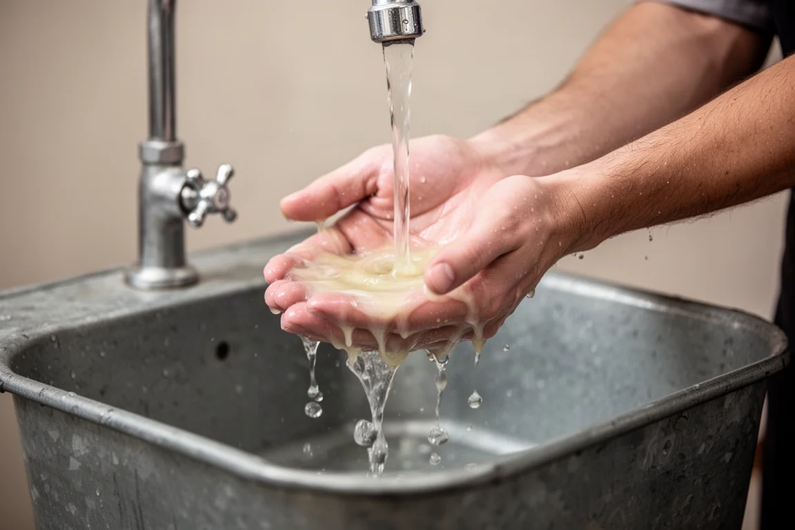Water rinning over soapy greasy hands at a workshop sink