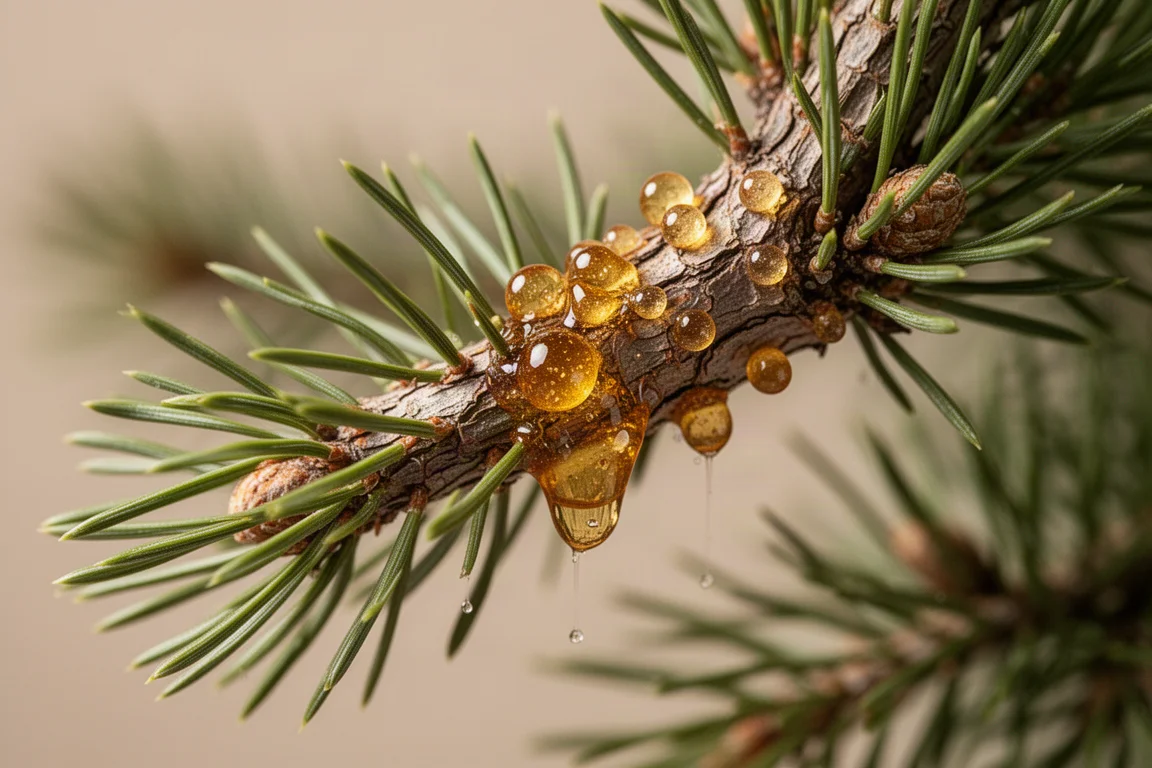Sticky pine pitch on a conifer branch in a workshop