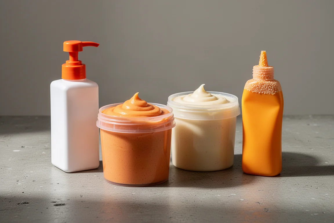 Four hand cleaner bottles and tubs arranged on a concrete workshop surface
