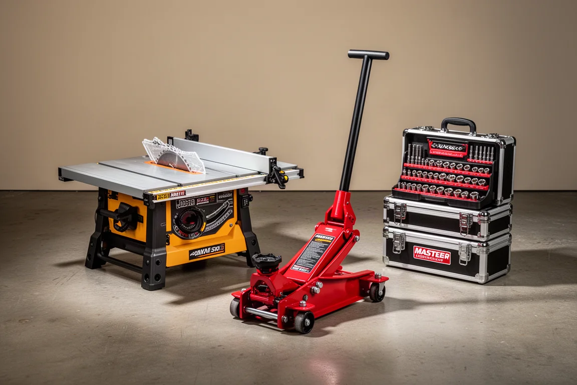 Workshop tools including a table saw, red floor jack, and socket set case on concrete