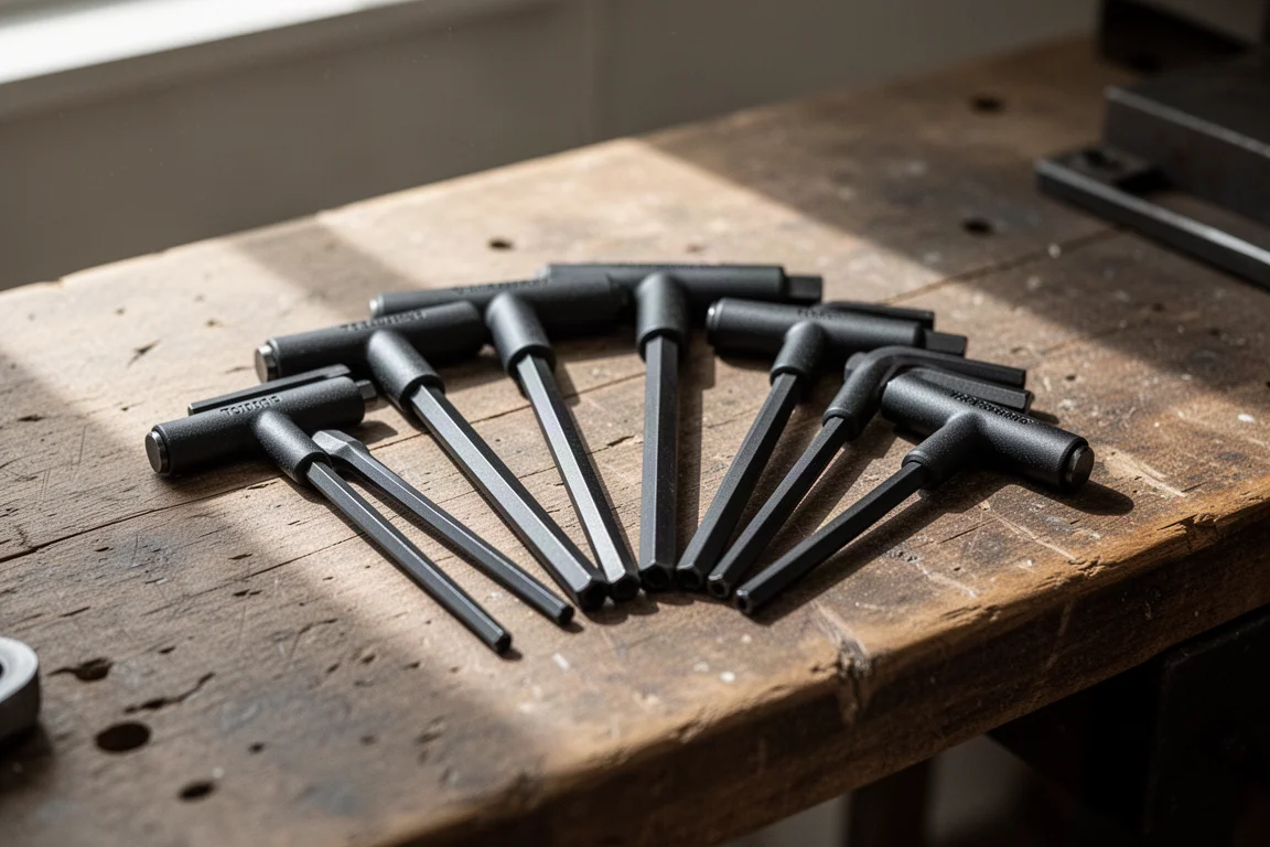 T-handle hex keys fanned out on a wooden workbench