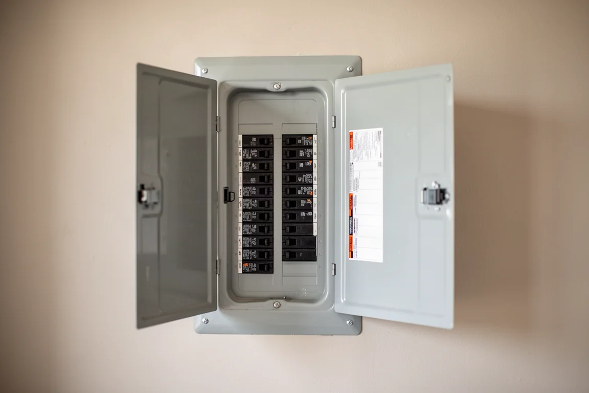Home electrical panel with breakers in soft workshop light