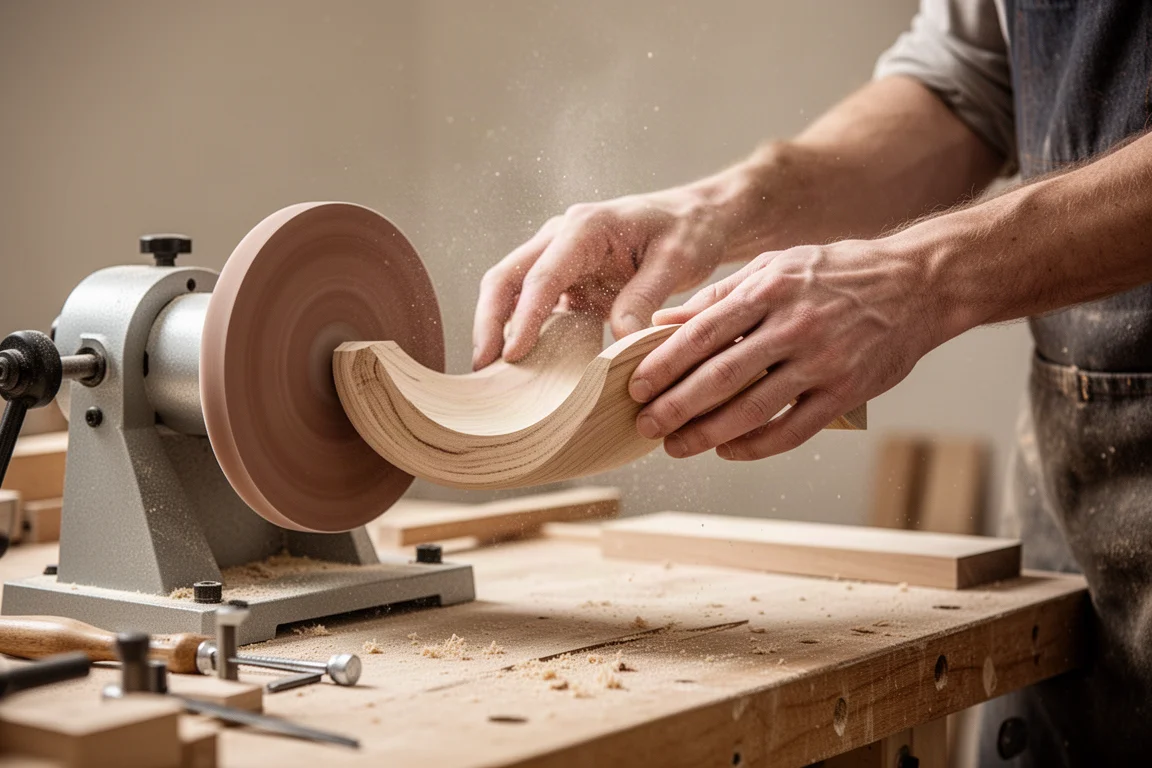 Woodworker sanding a curved wooden edge at a bench
