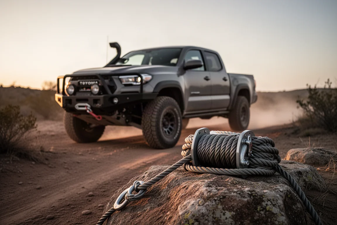 Off-road vehicle at dusk with winch rope in the foreground