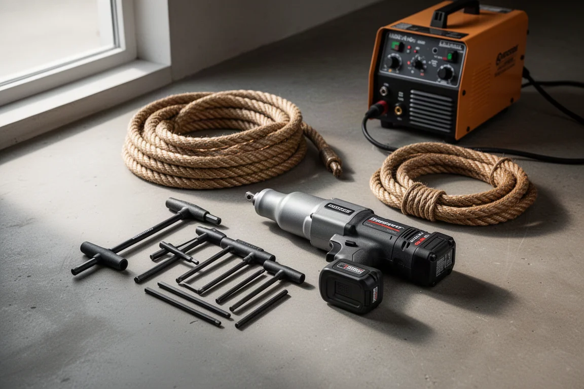 Flat-lay of hand tools, an impact wrench, winch rope, and a welder on concrete