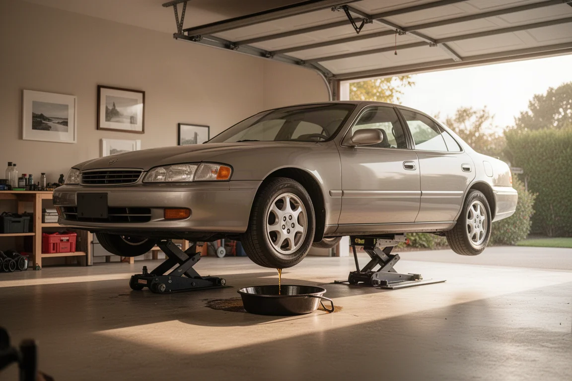 A car raised on a jack inside a tidy home garage during an oil change