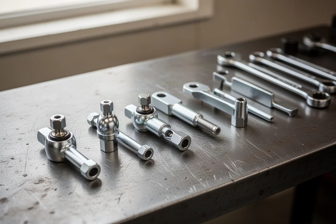 Ball joint separator adapters arranged in a row on a workbench