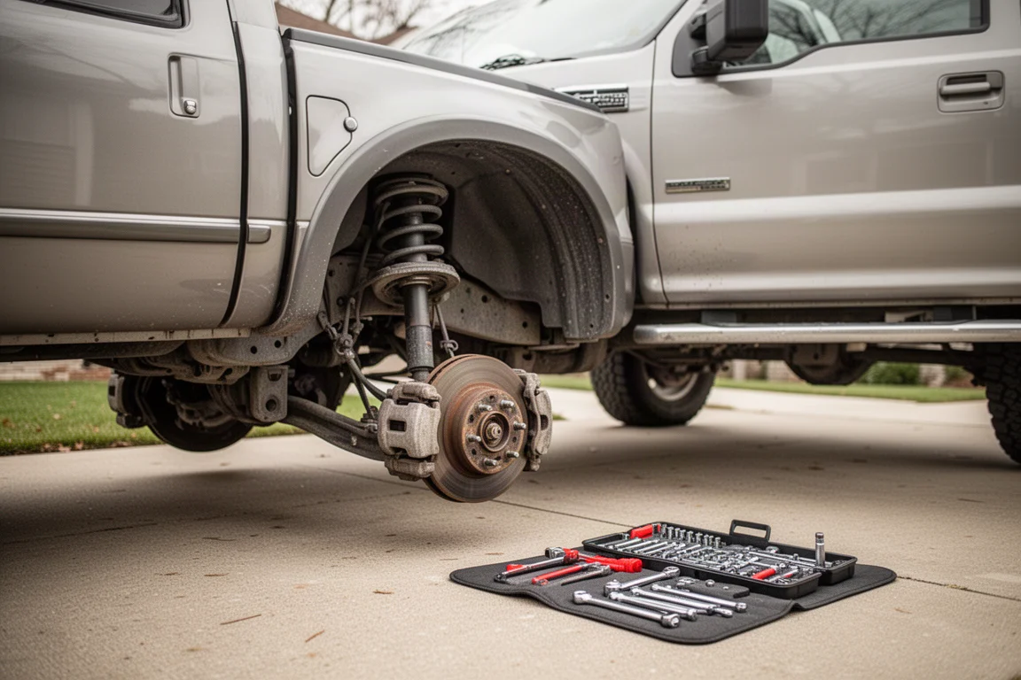 Mechanic working on a truck suspension with hand tools on a driveway