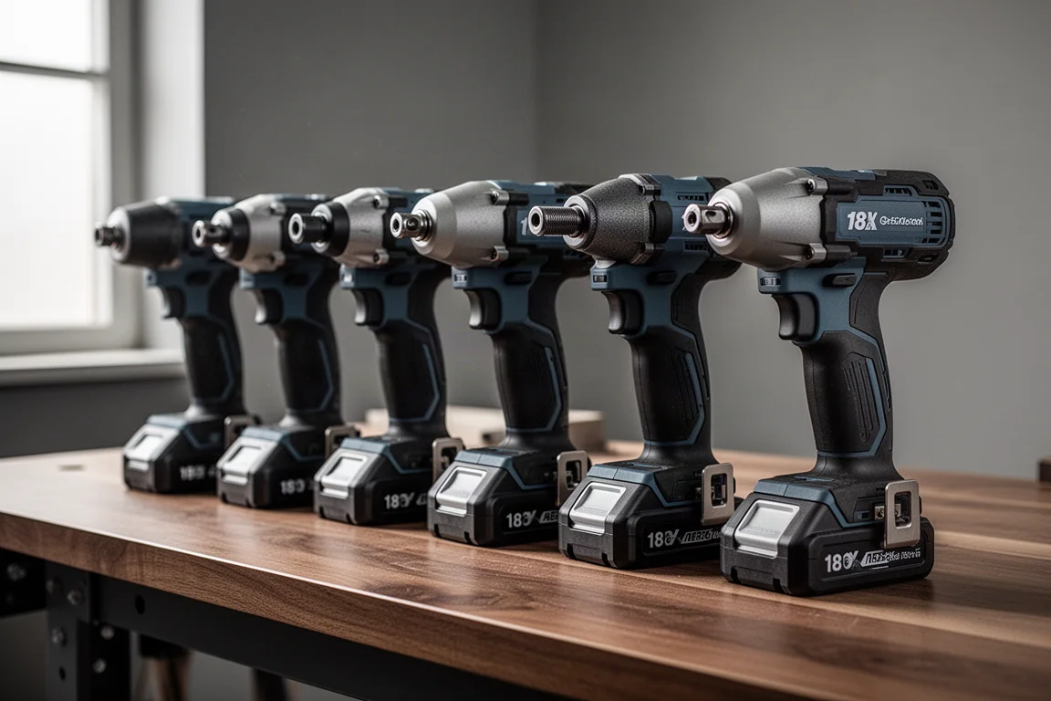 Cordless power tools lined up on a workshop bench