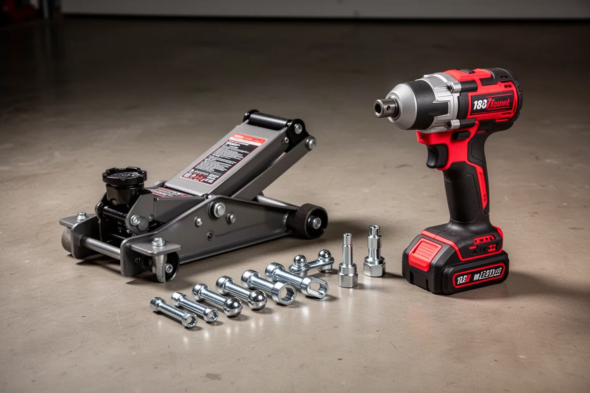 Battery-powered jack, ball joint separator set, and 18V impact driver on a concrete garage floor