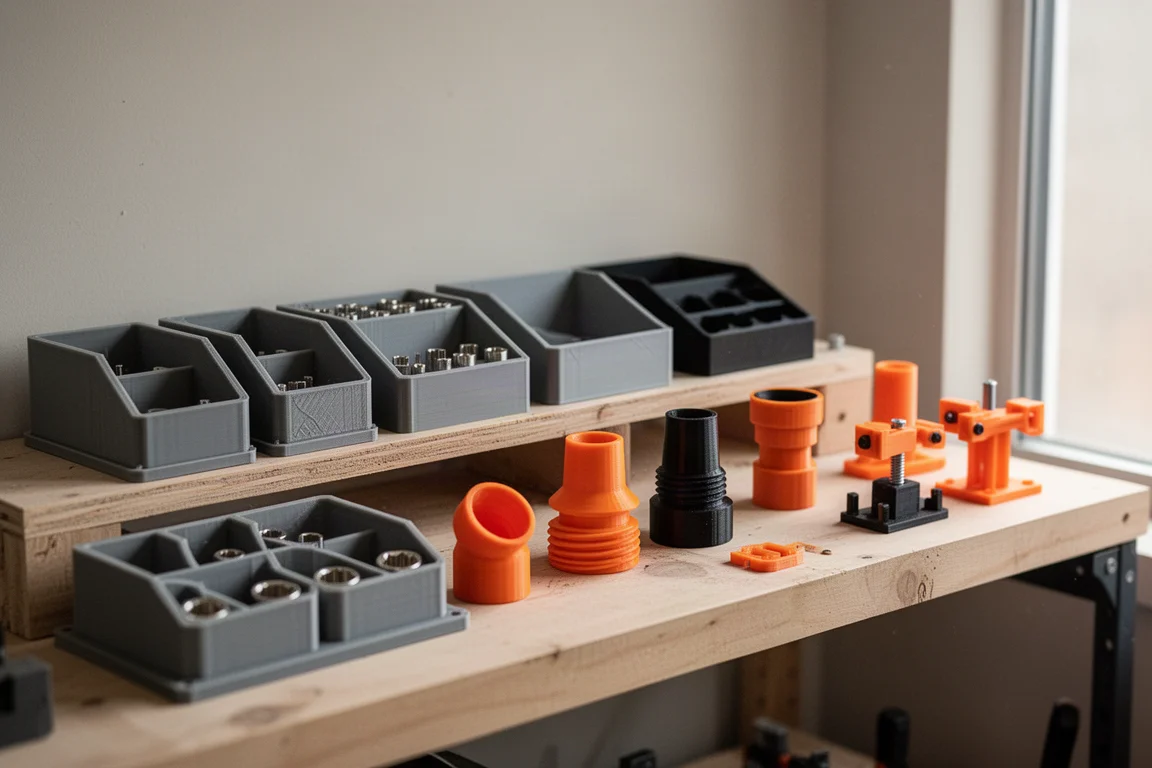 Bandejas organizadoras y adaptadores impresos en 3D ordenados en una estantería del taller