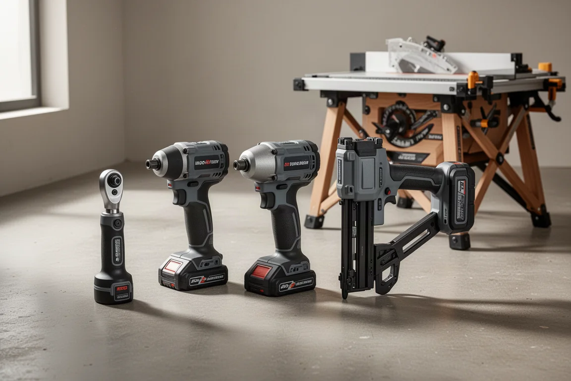Row of cordless power tools including a ratchet, impact driver, nail gun, and job site table saw on a concrete workshop floor