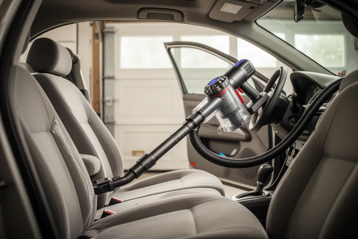 Aspirapolvere a batteria al lavoro su un abitacolo di un'auto durante una sessione di detailing