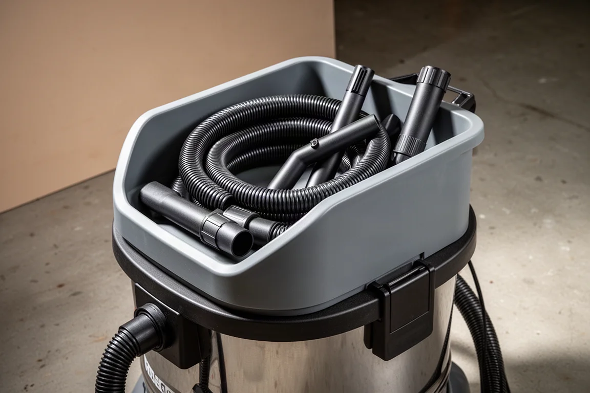 Contenitore portaoggetti sul corpo dell'aspirapolvere con tubo flessibile e accessori