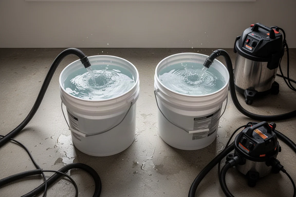Due aspirapolvere che aspirano acqua da secchi da cinque galloni identici