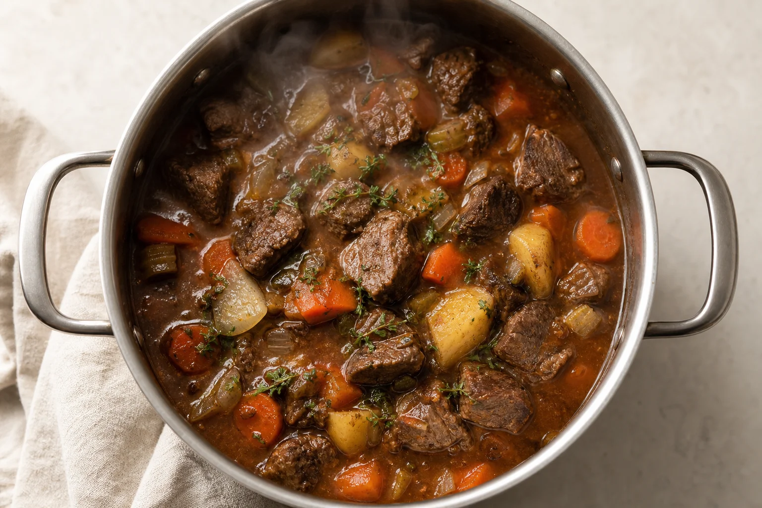 Pressure cooker with tender beef stew and vegetables inside