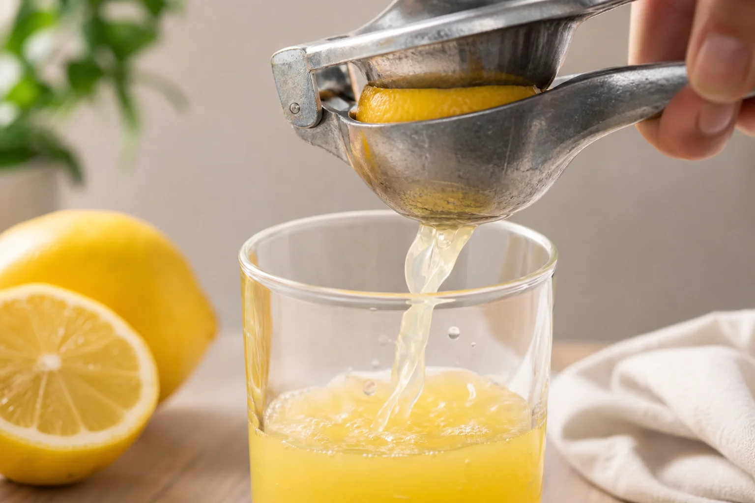 Citrus juicer with fresh lemon juice pouring into a bowl